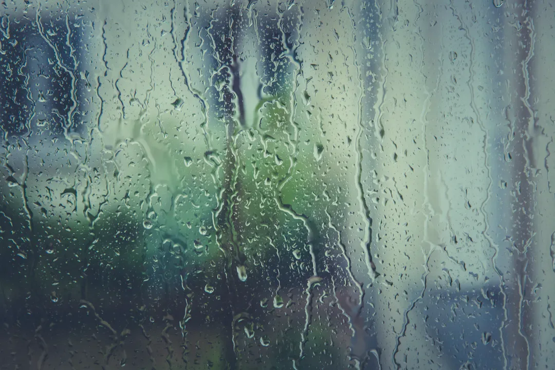 Person sitting alone by a window watching rain, soft natural light